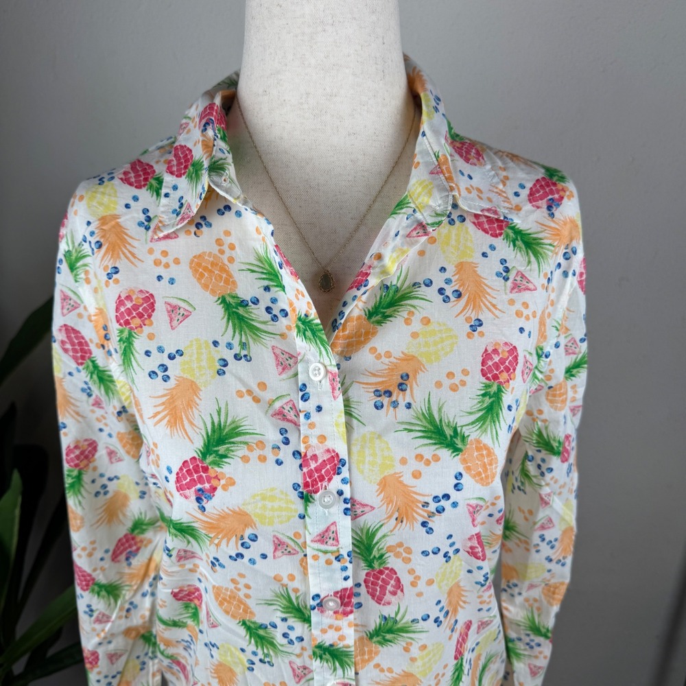 Tropical‎ Whimsical Fruit Print Preppy Talbots Button Down Shirt Womens Petite - Picture 4 of 7